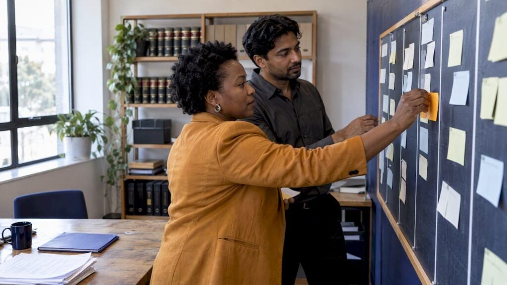Lawyers moving matter cards across a Kanban board